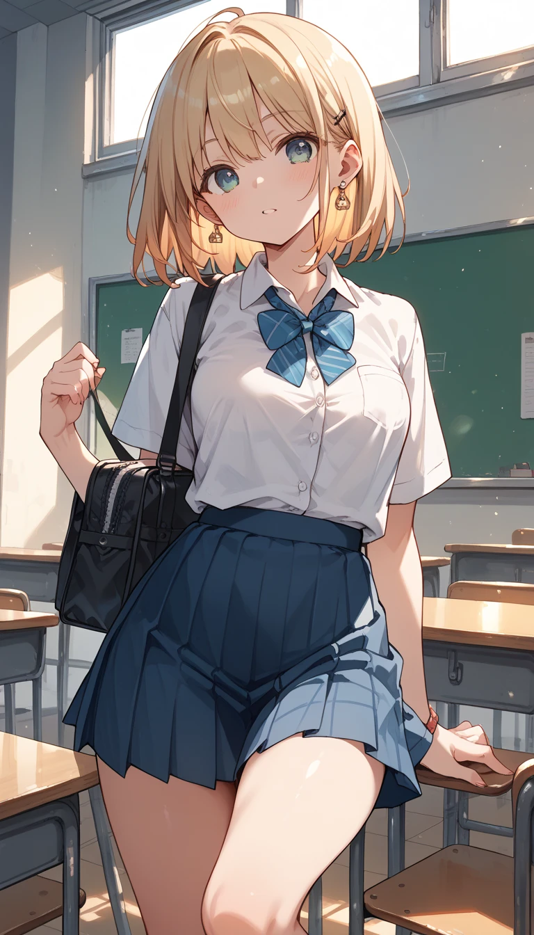 Full Body, Full Body Illustration, Best Illustration, (((Best Quality)), ((Masterpiece)), (Details: 1.4), Anatomical, Award-winning concept art, Beautiful, fine details, portraits, Look at the viewer, ((Show Full Body)), 1 girl, Full body, Solo, 10 years old, Elementary school student, Child actor, Golden and brown hair, Short hair, Blue and pink eyes, Big eyes, Underwear, Panties, Skirt, Pink panties, Wet, Shirt, Wet clothes, Skirt lift, Blush, Classroom, Navel out, Clothes lift,Simple background, Lift yourself, White shirt, Uniform, Look away, Short sleeves, Loli, Skinny, Last scene direction of elementary school, school movie, loli, child, cute,