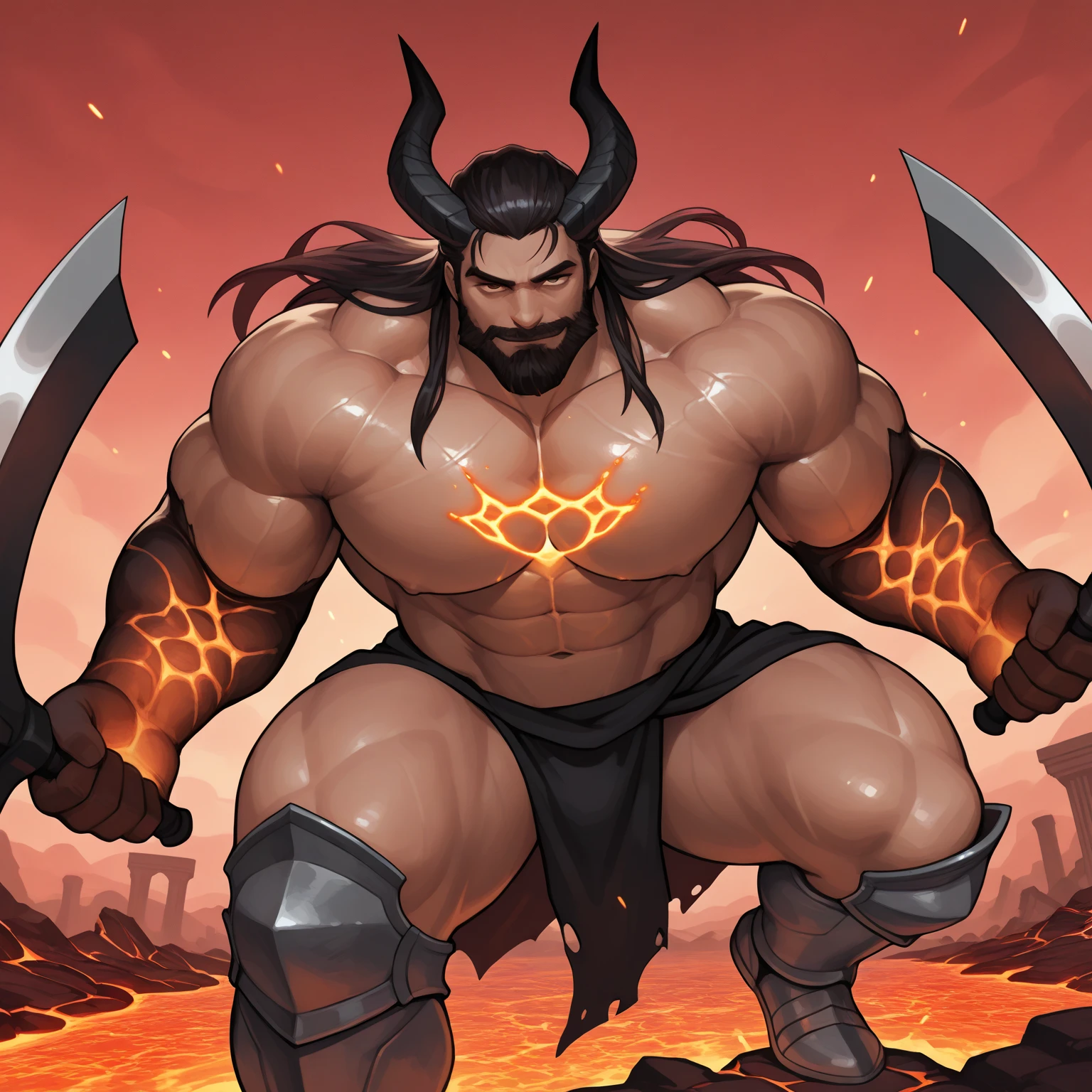 Let's create a fearsome monster with a body made of lava:

Name: Inferno Goliath

Appearance:
- Inferno Goliath is a towering behemoth, standing over fifteen feet tall, with a massive and imposing frame that seems to radiate heat and power.
- His body is composed of molten lava, its fiery surface pulsating and shifting as if alive with inner flames.
- Glowing veins of magma crisscross his body, illuminating his form with an eerie red light that casts shadows dancing across his molten surface.
- He emits waves of intense heat that distort the air around him, creating a shimmering aura of searing energy.
- His eyes burn with a fiery intensity, glowing like smoldering coals within the depths of his volcanic visage.

Abilities:
- Inferno Goliath possesses immense strength and durability, capable of smashing through solid rock and shrugging off even the most powerful attacks with ease.
- He can manipulate the lava that makes up his body, shaping it into tendrils, projectiles, and walls of molten fire to engulf his enemies.
- His mere presence radiates intense heat, causing the ground to crack and buckle beneath his feet and setting nearby objects ablaze.
- Inferno Goliath can generate powerful shockwaves by slamming his fists into the ground, creating eruptions of molten rock and debris that devastate everything in their path.
- He is virtually impervious to conventional weaponry, his molten body absorbing and dissipating the force of incoming attacks with little effect.

Personality:
- Inferno Goliath is a primal force of destruction, driven by instinct and rage rather than intellect or reason.
- He feels no empathy or compassion for living beings, viewing them as little more than prey to be hunted and consumed in his fiery embrace.
- Despite his savage nature, there is a cunning intelligence lurking behind his molten eyes, guiding his actions and directing his fury towards his enemies.
- He is fiercely territorial, defending his domain with a ferocity that borders on m