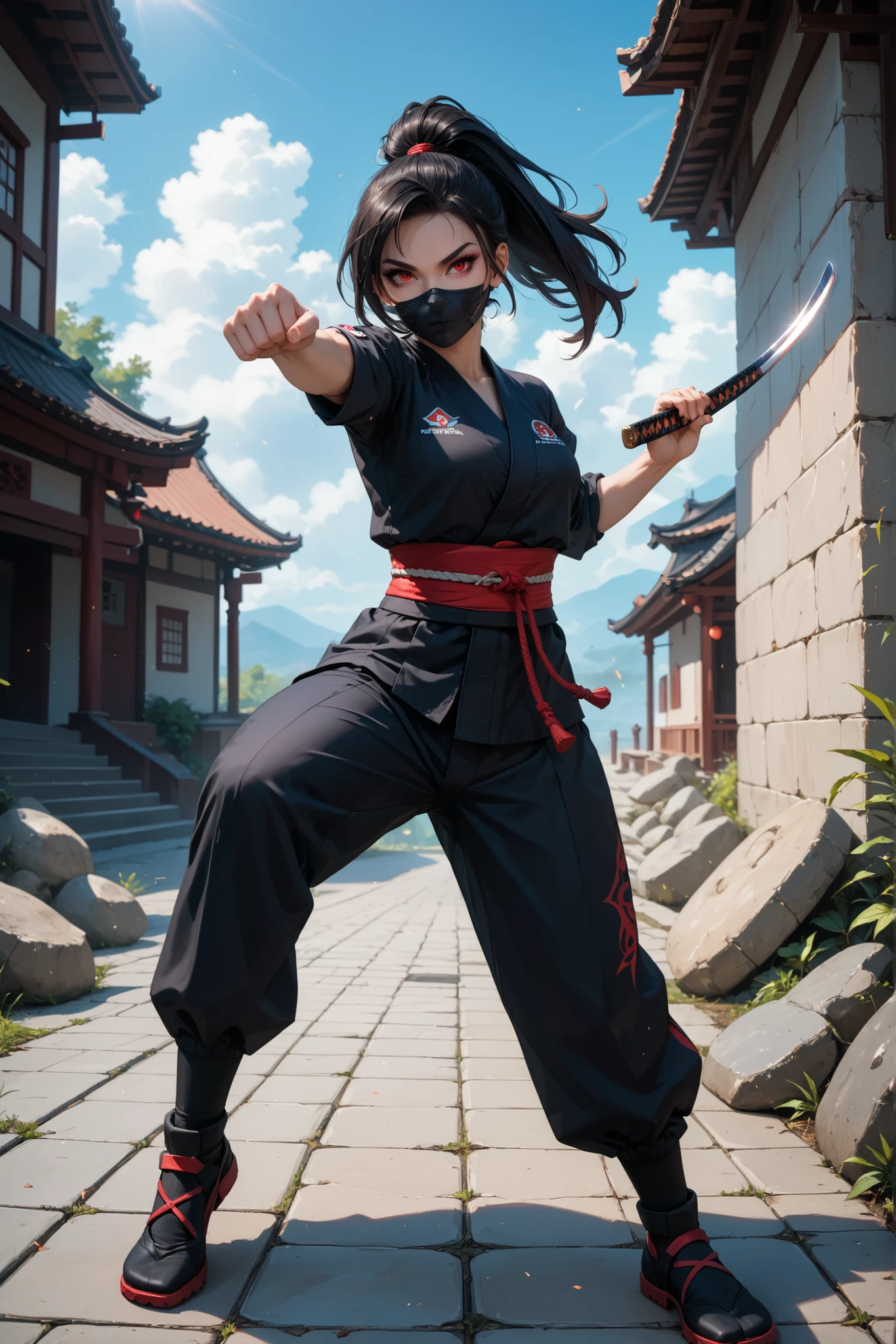 A fierce female ninja standing in a martial arts pose, wearing a sleek black outfit with a face mask, holding a katana above her head with one hand and raising one leg in a dynamic kicking stance. The background is an outdoor scene with a stone wall, gravel ground, and a clear blue sky. Her long black hair and intense red eyes give her a mysterious, powerful aura. Cinematic lighting, high detail, full body view, anime-inspired realism, ultra HD, 8K