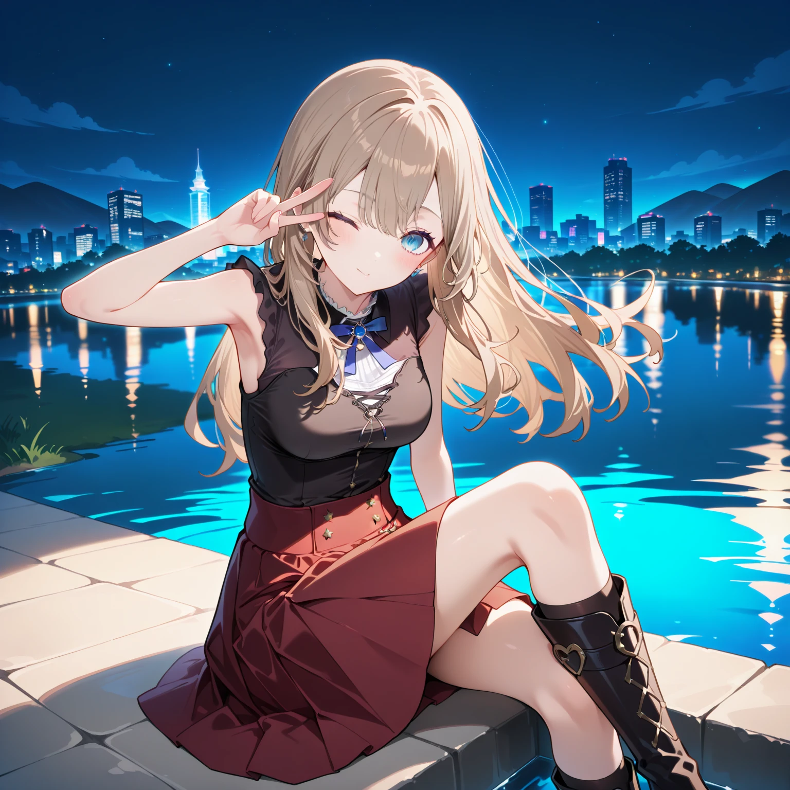 best quality, (masterpiece:1.2), detailed, medieval,
<lora:chara_Rokuaka_CelicaArfonia_v1:0.8>, Celica Arfonia,
1girl, solo, closed mouth, smile,
long hair, blonde hair, red eyes, braid, red rose, hair flower,
black dress, choker, black ribbon, cleavage, detached sleeves, medium breasts,
sitting, looking at the viewer,
outdoors, lake, mountains, moon, forest, night, <lora:night-r:0.3>