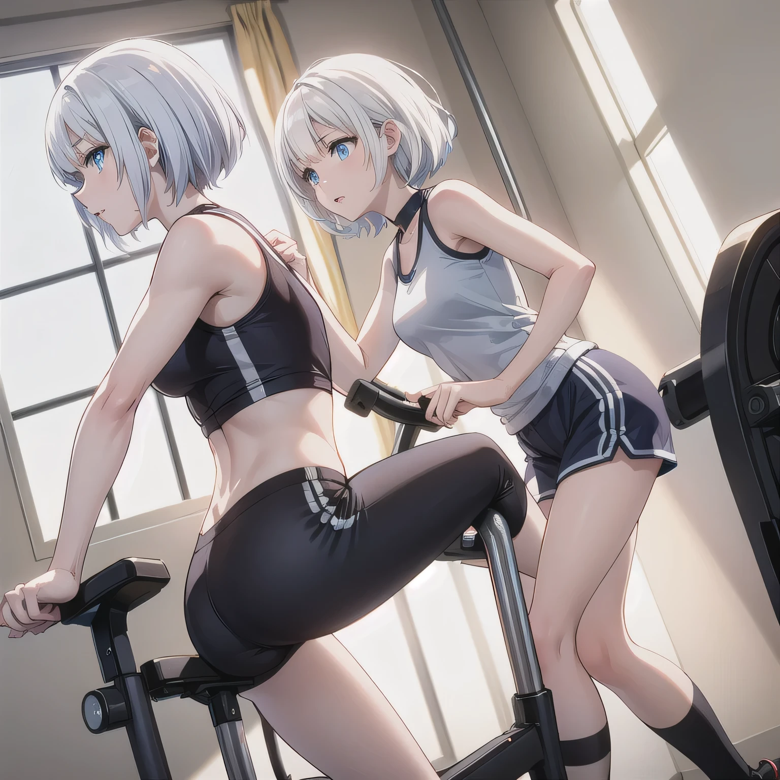 boy, trap, otoko no ko, androgynous, 12 years old, (((White sports bra and blue boxer shorts))), Wet with sweat, Look back, muscle arms, pervert, petite, flat chest blushing, glasses, desktop wallpaper, highly detailed, freckles, small hips