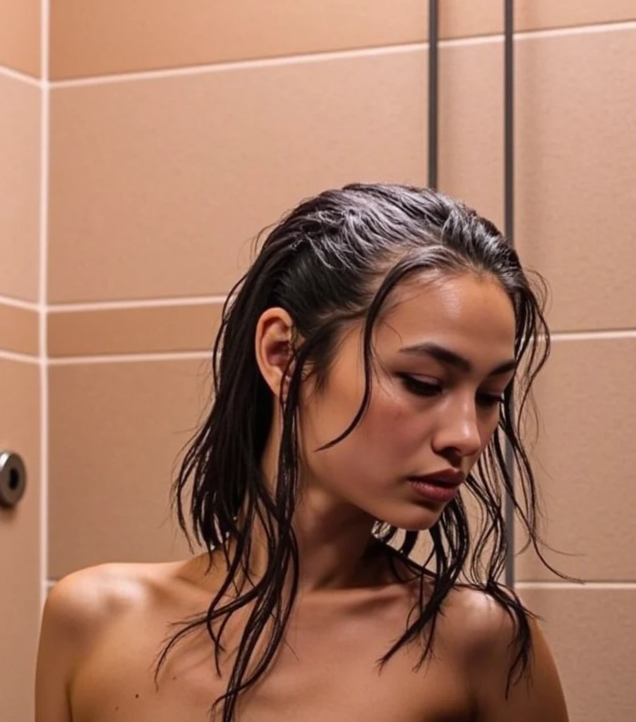 a profile picture, serious look, her hair is wet, background is blurred, looks forward, has come out of the shower, smooth hair, stands in front of the mirror