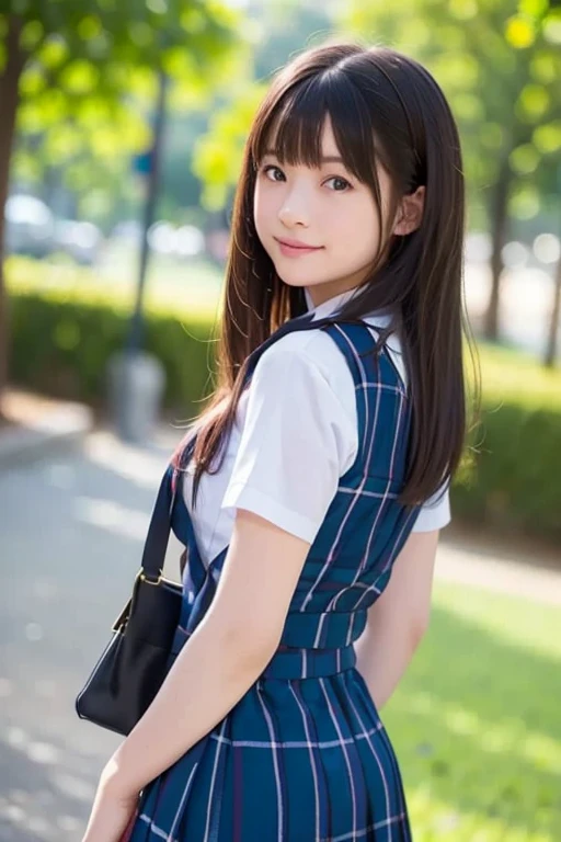 (highest quality, 4k, 8K, High resolution, Tabletop:1.2), Super detailed, Realistic:1.37, Light brown hair, Semi-long hair, Asymmetrical bangs, Mature Woman, high school girl, Sailor suit, Purple and pink checkered micro mini pleated skirt, Super super slender body, Shy and cute face, A very happy smile
