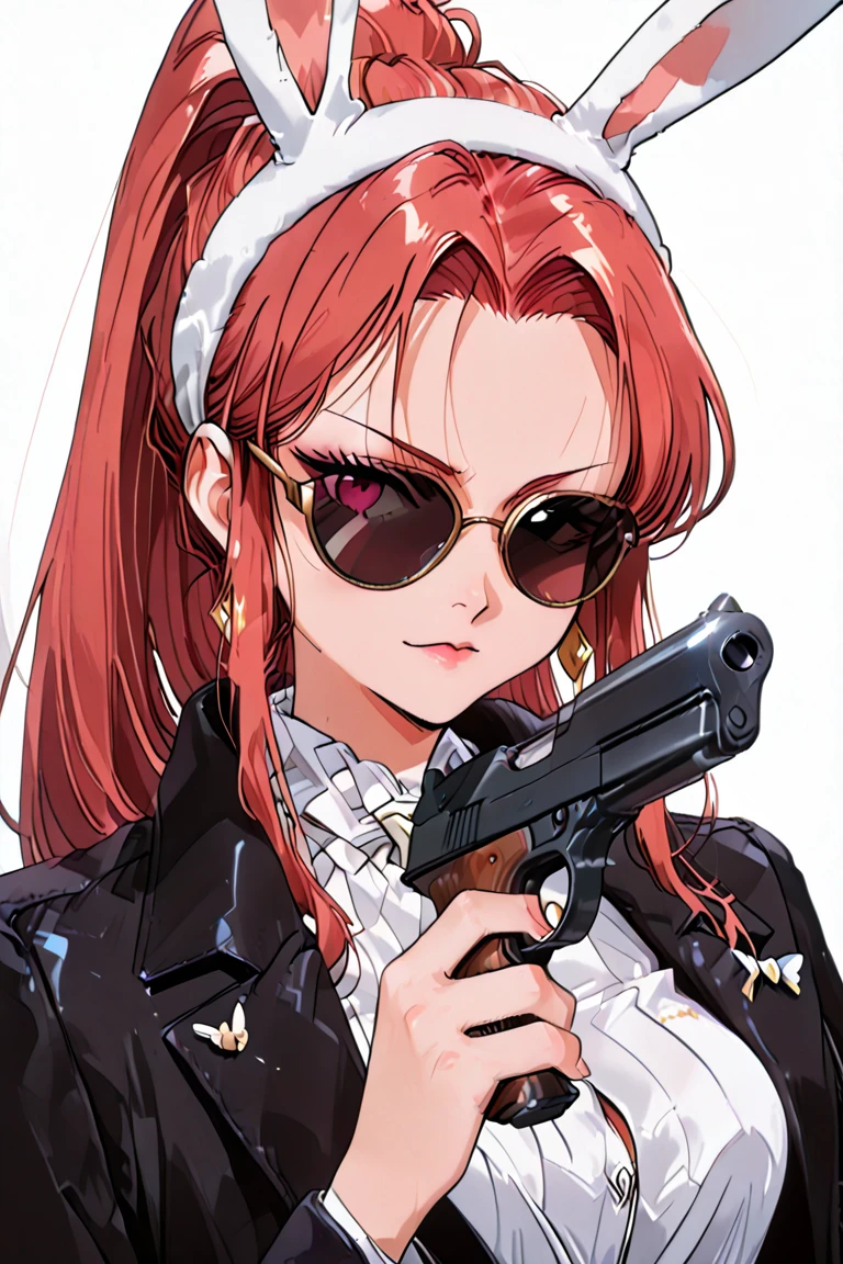 Wearing a long black coat，There is a red flower brooch on the collar，Wearing a red skirt，Wear red gloves，woman with gun in hand, Wearing red sunglasses, spy, Brown hair，ue5 render，3D Rendering，Cartoon Style