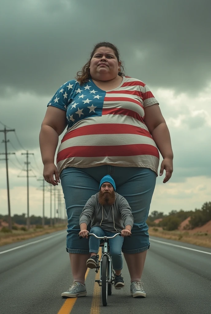 Can you generate an image for me of a bunch of overweight Americans with blue and purple hair marching with previously burnt American flags in protest?