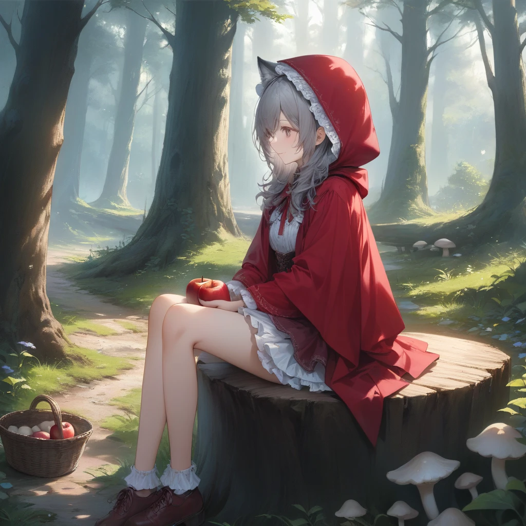 Lolita Face,shush,red riding hood,Red T-back,Embarrassment,Show me your big ass,in woods,low angles,Sit on a stump,Blue eyes,