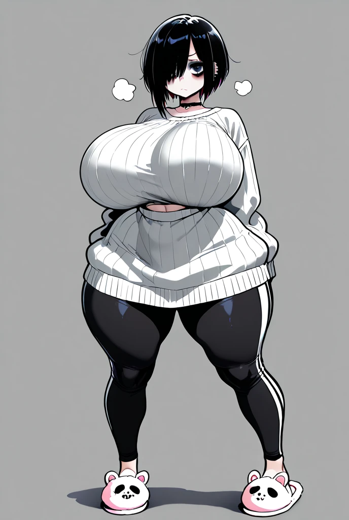 1 girl, short, pixie cut, white hair, white eyelashes, purple eyes, Japanese, white skin, huge breast, full body, white crop hoodie, black leggings