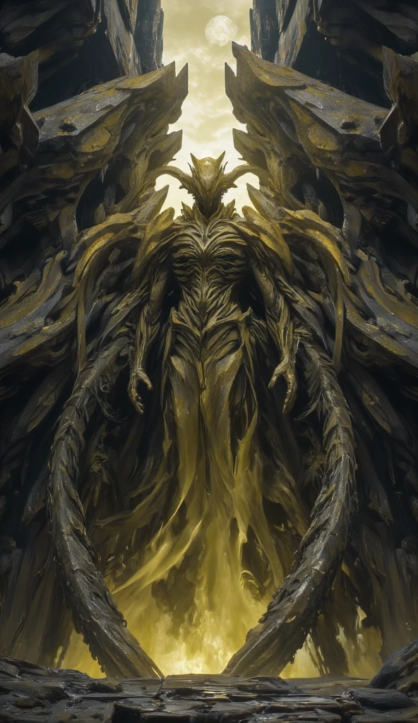 ((Highest quality)), ((masterpiece)), (detailed), Monstrous, beautiful, Highest quality, Perfect lighting, Browsing Caution, Monster smile with curved fangs, Very thin, Disproportionately long arms, Vulture Head, Dirty Feather, sick, worm, Ominous Aura, Something, Chained, god, Cultist clothing, Space horror, whole body