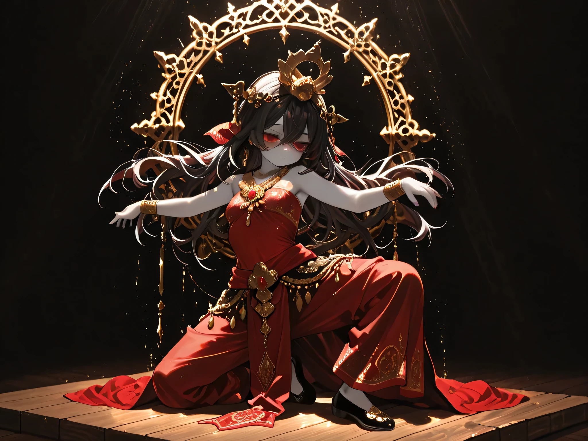 Beautiful young girl wearing a red dress, Wearing ancient Thai clothes, Looking Forward, Wearing Thai bandana, Wearing a Thai crown on her head, Red cloth used instead of pants,Red Eyes, Lifeless eyes, Very pale skin, wearing jada, not wearing shoes, Loose gold rings on her hands and legs, with two arms spread out, Dancing, Dancing like a palace girl, Bend the knee , Asian style dancing, Thai dancer, Tall three-tiered crown, สวมหมวกมงกุฎThai dancerสีทอง, Red eyes dripping from eyes, Sad Necklace, Thickened hair, Head tilted a lot, black background, with a shimmering speck of light ascending from the light above., Light from a spotlight above shining down, Wooden board floor as far as the sky, Create phonk music cover, Cracked tones, meme, The night is completely dark,, Ghost Release Day, Poster images, ทิวทัศน์memeผสมผสานความน่าขนลุก, top body model, Back completely black.