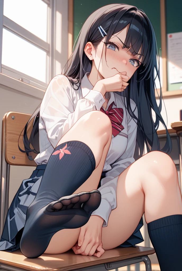 (Best quality, 8k, 32k, Masterpiece, UHD,:1.2),RAW, 1girl,ultra cute , natural lighting,transparent shining eyes, 20yo,medium breast ,fair complexion ,flushed face, (Best quality, 8k, 32k, Masterpiece, UHD,:1.2),RAW, human, 1girl,ultra cute , ultra cute, natural lighting, transparent shining eyes, 20yo, medium breast ,femur, fair complexion , flushed face, Long sleeve black cardigan, white collared shirt, black pleated mini skirt, dark red bow tie, shiny,((classroom)), near the window, sitting on floor, bending knees, holding knees,hugging own knees, from front, show off panties, wedgie, soft smiling, 