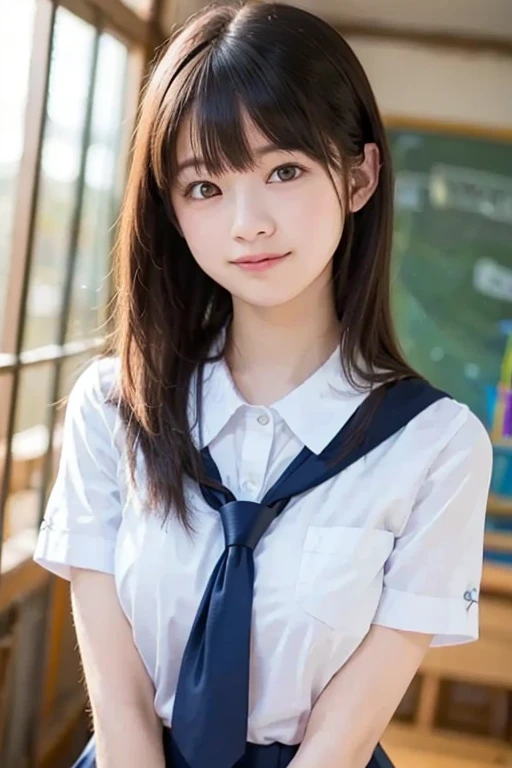 ((Upper body nude))、((Upper body nude))、((Show your boobs))、((Detailed images of the skirt))、 ((Detailed images of the skirt))、Highest quality, masterpiece, Ultra-high resolution, (Realistic:1.4), RAW Photos, Full Body Shot, Front view, From below, One Girl, The most famous Japanese idols, Crouching on the stairs, ((Wear a Japan high school uniform)), (Very cute face like the most popular Japanese idol, (Very beautiful big eyes)), Very beautiful hair, Very beautiful skin, Very beautiful long eyelashes, Very beautiful lips, Very beautiful short body, Very beautiful thighs, An innocent smile, View your audience, Dynamic pose, Detailed play area, ((Detailed matching of Japanese high school uniforms)), ((Detailed images of the skirt)、)((Detailed images of the skirt))、((Detailed images of the skirt))