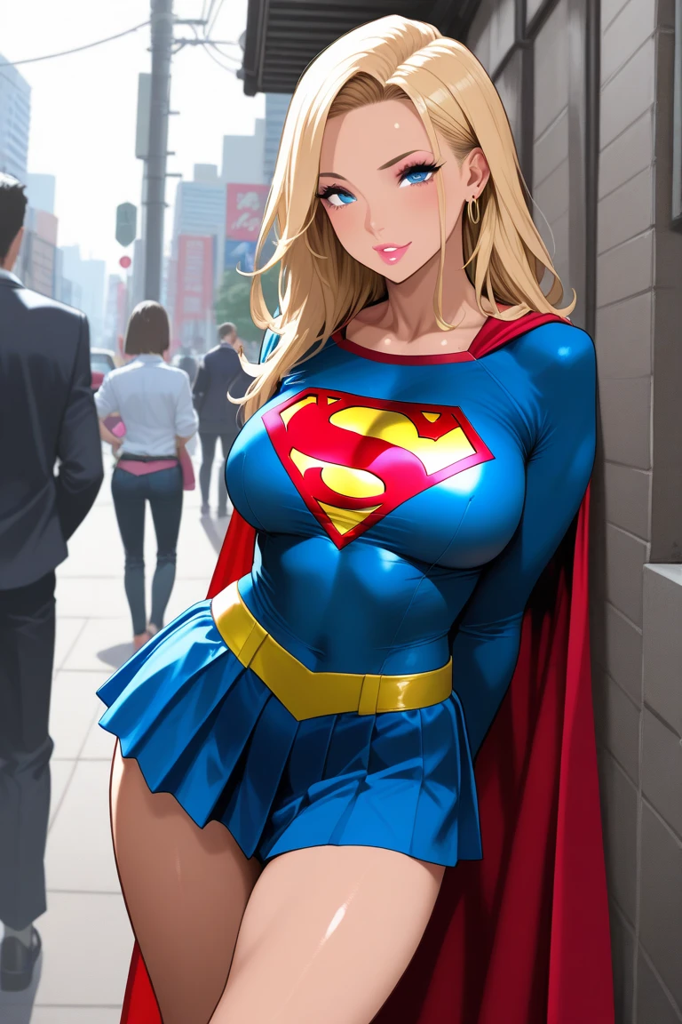 nsfw: 1.5, masterpiece, best quality, high quality, high definition, high quality textures, high quality shadows, high definition, beautiful detail, highly detailed CG, detailed textures, realistic representation of faces, realistic, colorful, delicate , cinematic lights, side lights, lens flares, ray tracing, sharp focus, supergirl, ((best quality, masterpiece, absurd, 8k)), 1 girl, solo, 21 years old,Supergirl(Helen Slater), huge breasts, huge breasts, side view;1.4,long hair down to her hips, long hair,low hair, voluminous hair, white skin tone, green eyes, sparkling expressive eyes, huge breasts, she is supergirl, Supergirl cosplay , japanese sailor  female cosplay Supergirl, costume female school,stocking 7/8 ,superman suit, blushing, embarrassed expression, shy smile, building terrace, daytime, pretty, young woman, hands behind) (1girl, __focus__:1.3), (intricate details, makeup , PureErosFace_V1:0.5), (delicate beautiful face with details, Delicate eyes beautiful in details, perfect face proportions, dense skin, ideal proportion of four fingers and one thumb, arms under the chest, huge breasts, miniskirt,upskirt,wide hips, flat upper abdomen , thin, dressed, blonde: 1.3), bed, no hands