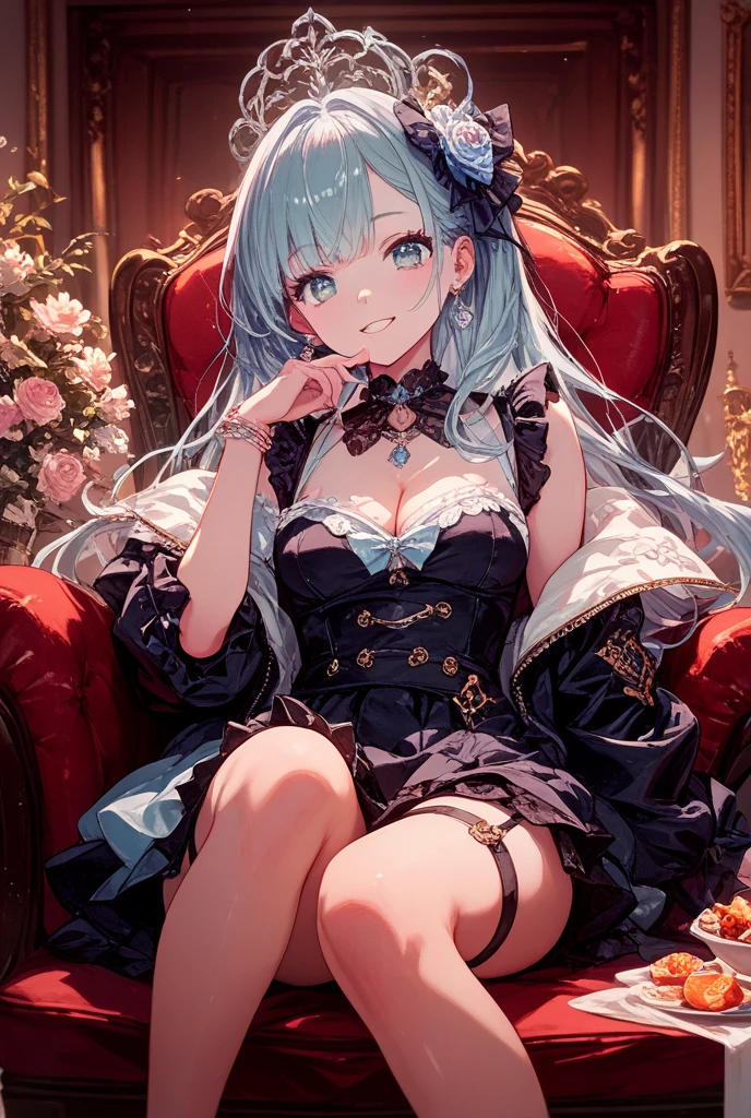 (masterpiece, top quality, best quality, official art, beautiful and aesthetic:1.2),(8k, best quality, masterpiece:1.2), there is a woman sitting in a box full of money and diamod, facial expressions that are so sexy and seductive, the color of the box is blue, the contents of the box are primogem ghenshin impact,