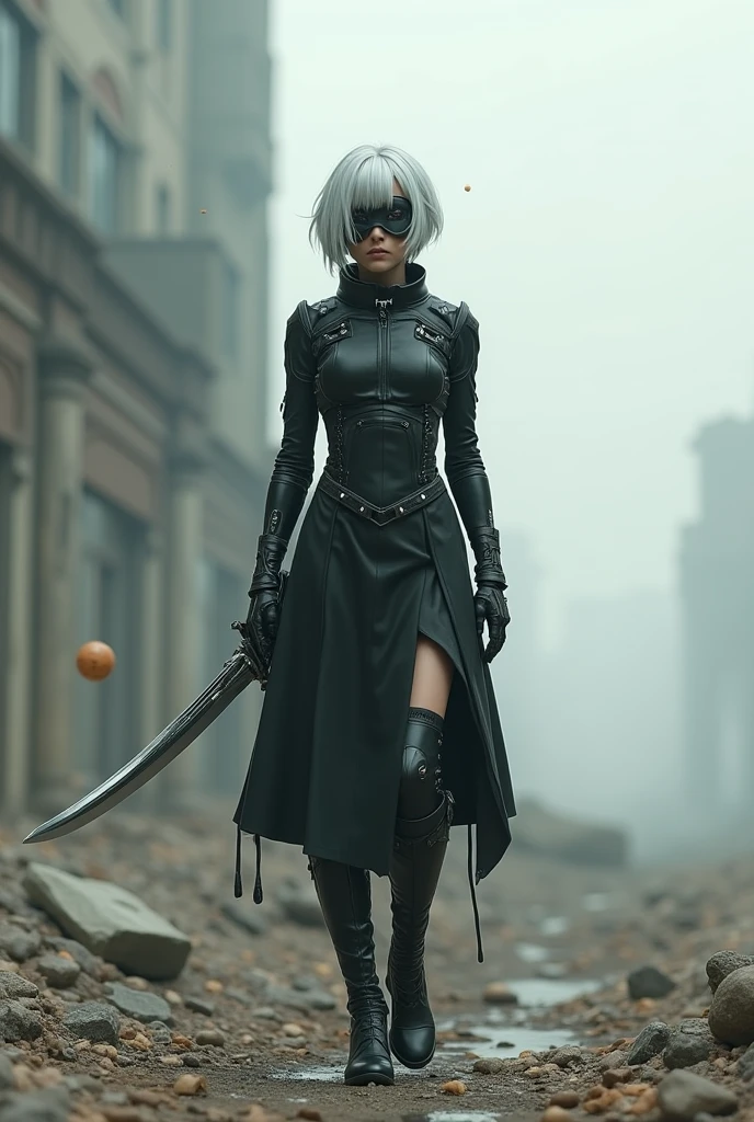 2b Nier automata sits on his knees in an abandoned Russian city against the background of a wall with graffiti, autumn rain, gray clouds 