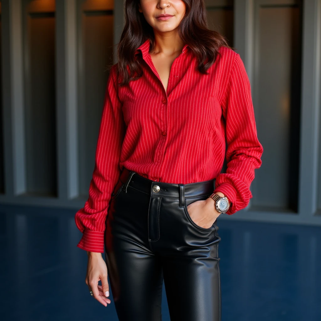 Mila Kunis dressed in bold and elegant clothes and smiling