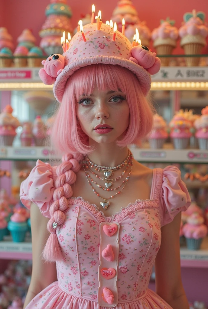View into a candy store, Vintage-Stil, Focus on lollipops and chocolates, make a beautiful 18 year old girl, front view, she has long pink hair, She is a beautiful woman, glowing lips, pink color, large, blue eyes, beautiful and bright. she is in front