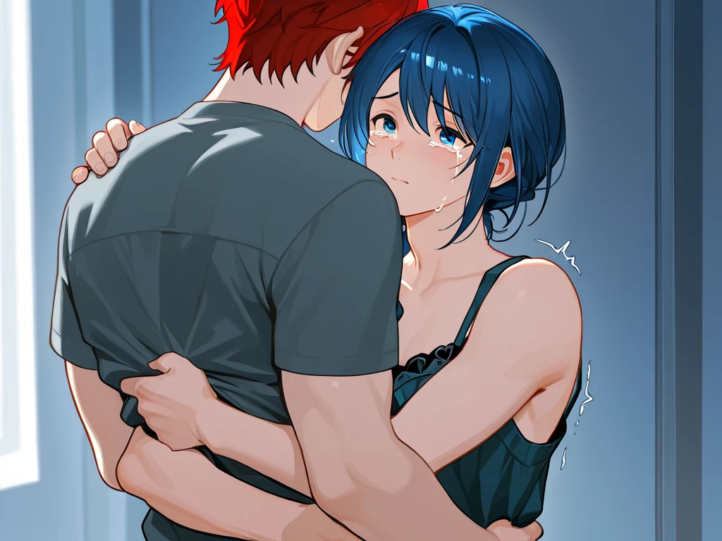 2 girls are having sex, one have blue hair and thé Twins red hair, they are lesbian and are having sex in a bath, penetration by a dildo