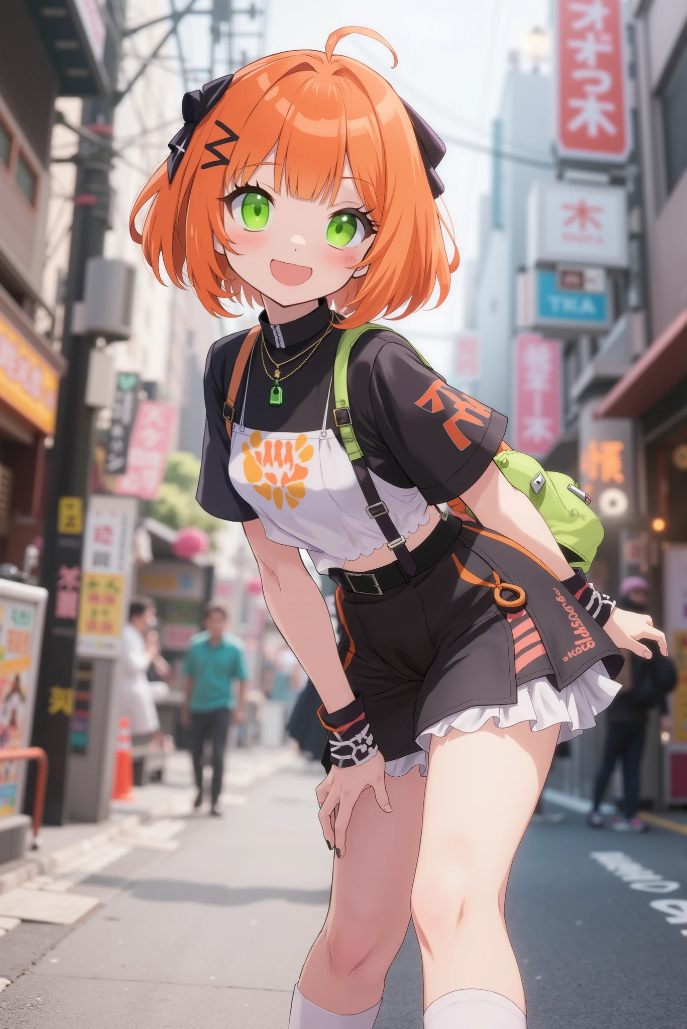 1girl, solo, yorigami jo'on, orange hair, drill hair, eyewear on head, orange eyes, earrings, looking at viewer, crowd, sigh, disgust, tired, makeup, morden city, mole under mouth, colored inner hair, blue streaked hair, white streaked hair, light smile, bar, night city, T-shirt, Denim shorts, fishnet stockings, stockings, neon lights, standing