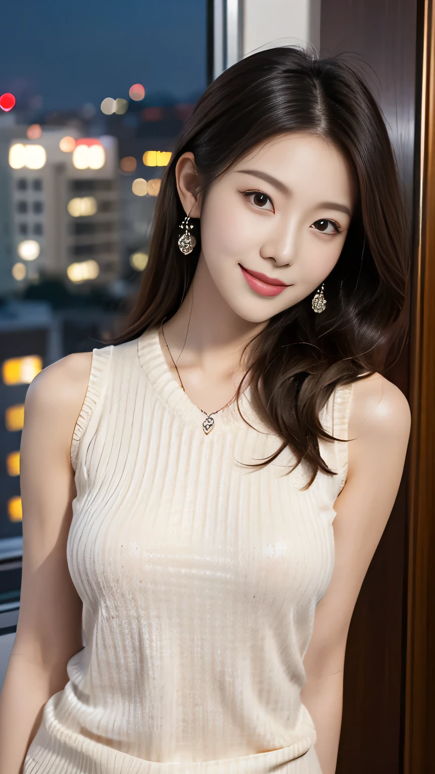 A 20-year-old woman with a very cute face like a 15-year-old idol Smiling Kindly (((Whole body))) (((Full body portrait))) Sheer blouse Medium Bust Cleavage Stylish evening wine bar Cinema lighting Natural light Artistic High level of artistry RAW Photos Genuine High quality that is indistinguishable from real life Real Stick High resolution