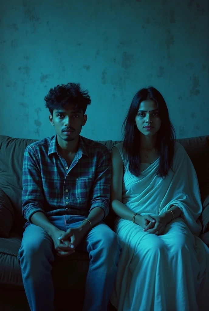 a poignant and emotionally charged dark painting, in a very dark dimly lit room, filled with the warmth of romance, cozy setting, small apartment, black hair, Justine Skye and actor Wilmer Valderrama sit on an old sofa, sadness, justine has straight shoulder-length black hair, the room is almost black, very dark scene, very dark room, painted in the style of Joseph Mallord William Turner, chiaroscuro lighting, justine has dark brown skin, justine has gold hoop earrings, justine is wearing a t-shirt, wilmer has a shirt caesar haircut with waves, both wear sweatshirts