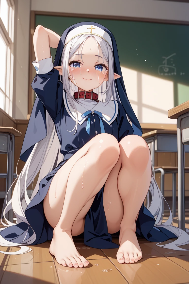 (masterpiece:1.6, best quality), (finely detailed beautiful eyes: 1.2),  phelaina, Eouftit3,  Eof3, 1girl, elaina (majo no tabitabi), solo, long hair, blue eyes, collared shirt, school suit, hair between eyes, white school shirt, long necktie, bangs, upper teeth only, teeth, neck ribbon, bow, student, open clothes, blush, anime coloring, yellow bow, diamond, floating hair, gray necktie, shiny hair, wing collar, gray skirt, purple eyes, 
, anime color, shoes, school, (breasts out:1.3), (nipples:1.2), (double peace:1.6), (drunken eyes:1.3), (embarrassed:1.4),(spread legs:1.3), (pussy line:1.3), (excessive cum:1.3), , (cum in pussy:1.3), (pussy cum:1.3), excessive cum, vomcum, (creampie:1.3),