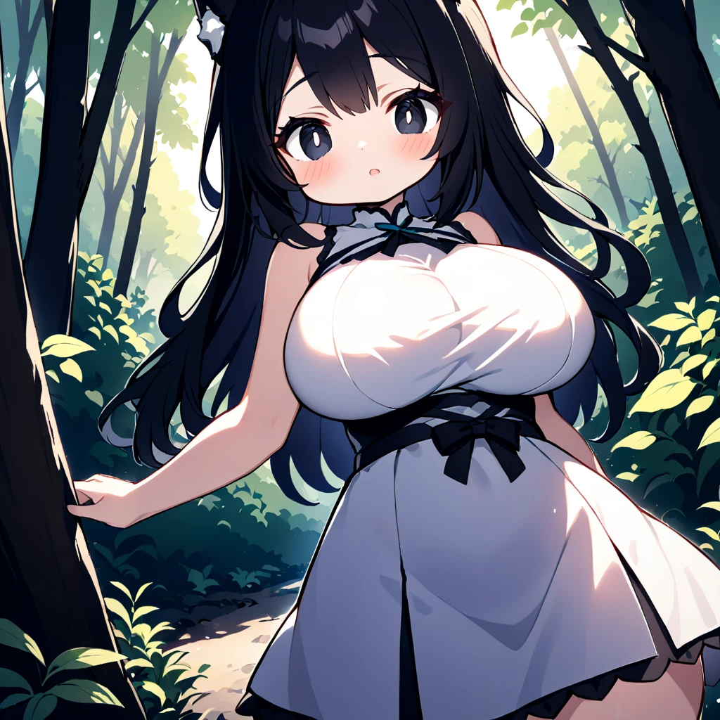 Highest quality、Best image quality、masterpiece、(((18 year old wolf girl、Large Bust、Beautiful dark eyes、Short wavy black hair))、(((Strapless white ruffle dress)))、Large Breasts、Sexy Body、Cleavage、((Forest Lakeside))、juicy thighs
