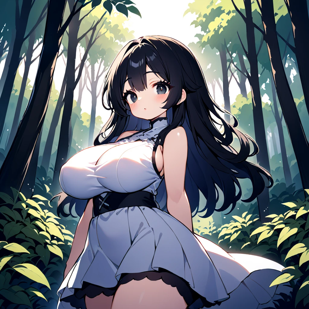 (masterpiece), 1girl, solo, standing in a forest, cleavage, hanging breasts, leaning forward, wide hips, big and round ass, horny face, Thick thighs, cleavage cutout, looking at viewer, underwear only, white bra, kagome higurashi