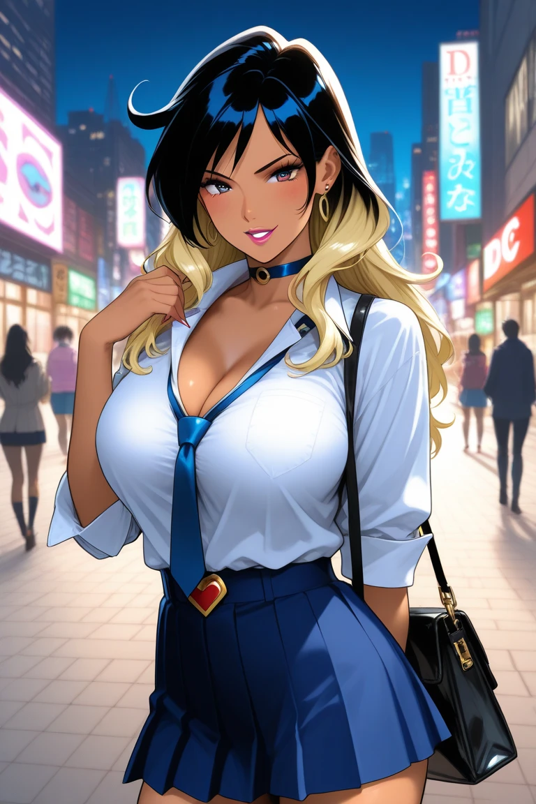 1990s \(style\), retro artstyle, 1990s anime cels style, best quality, high resolution, magazine cover, (city), smile, 1girl, (dark skin), blonde hair, twintails, (huge breasts:1.2), azuki, gyaru, tied shirt, open clothes, leopard print bikini, cleavage, clothes around waist, pleated skirt, (from side:0.8), earring, choker, navel, bracelet