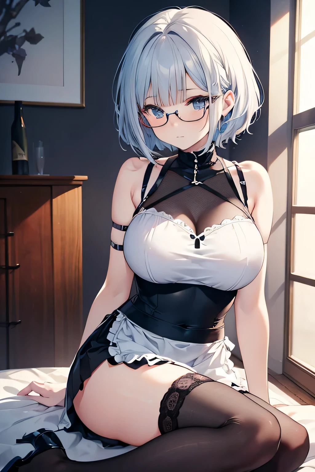 最high quality、Best image quality、masterpiece、With a girl((cute、20-year-old、Best Bust、Medium Bust、Bust 85,Beautiful Blue Eyes、Spread your chest wide,mShort silver hair、Slender、The best valley、、Blue Y-shirt、White short skirt,Show the whole body、Black perforated gloves,Blue Mesh,The gesture of lifting one's hair、Leaning forward greatly、Blue Sports Sunglasses))high quality、Beautiful art、background((School、School zone、Strong winds)),Tabletop、Exquisite design、Visual Arts、Depth of written boundary、Best lighting、Highest detail、8k
