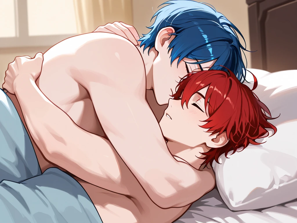 A boy with pale skin and long blue hair. Red eyes and black white eyes.
A boy with pale skin and short black hair. Green eyes.
These two boys have sex on the bed. A boy with black hair rapes a boy with blue hair.