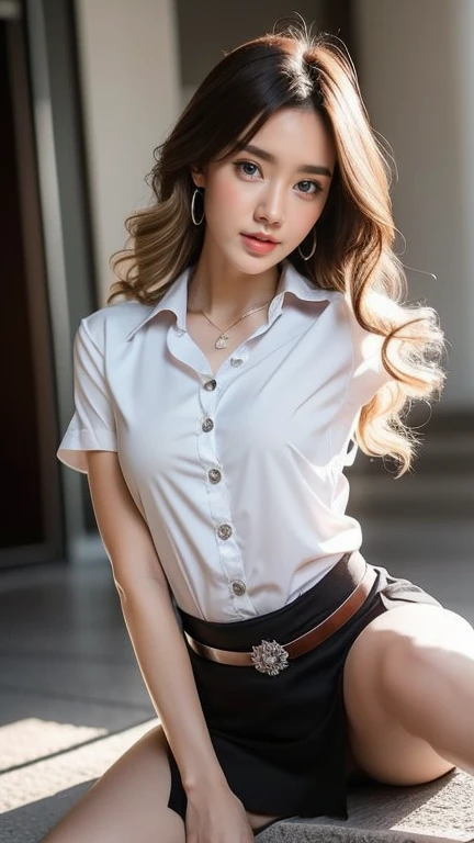 (8ก,high resolution,Masterpiece, best quality, alone, complicated details, Chromatic aberration), realistic, ((middle bust)), hair in one eye, big round hoop earrings, Diamond choker, Gold Necklace, silver necklace, small watch, bangle, bracelet, bangleข้อเท้า, waist necklace, (symmetrical eyes),(Perfect symmetrical body), (Photo of a beautiful teenage girl of 24 years old), Beautiful and charming with contemporary fashion paintings as well......, looking at the audience, ((Behind the scenes of a large classroom)), (black short skirt), (((Wear a blue shirt over มัน...., ((whมันe short sleeve, Open chest shirt), ((Open your shirt and show a little of your breasts...., very good,)), (), (Sagging breasts.))), (()), (Long square leather belt buckle), ((Put your hands down.)), (Bob, medium length hair, pinch, Side flatness, brass colored hair, (There is a thin layer of hair covering the face.........)), sharp eyeliner, eyelid, Blush, have thick eyelashes, sharp eyes, purple eyes, pink cheeks, Very delicate and beautiful, round chin, Sharp focus, elegant, (Open your legs on the study table.........), (Soman turns his head to look at the camera......), (Open your legs and lift your right leg over your left leg.........), (Close-up photo, Shot from the shin below the knee...),, (Sagging breasts.), camel toe, (sitting on the table reading a book..), (Sit with your legs apart...., free feet, Show off faded underwear), (), (Close-up full body photo, Saw black stilettos....
