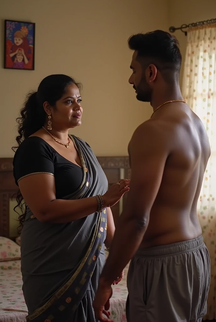 Sexy indian married couple, black man with bald head, tall, fat, black woman with long hair perfect body, big breasts, big hips, big ass, short, couple, man and woman, front pose, detailed. Woman wearing sports bra and shorts, man wearing black t shirt and yoga pants, man hugging from behind.