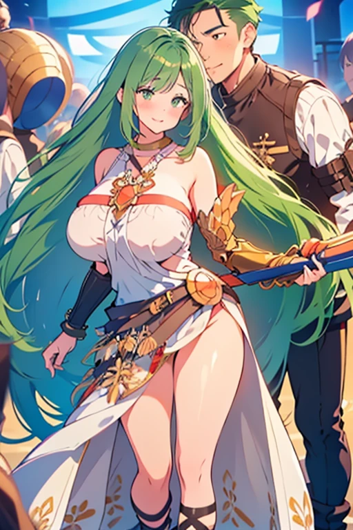 hermosa adolescente de cabello en colores verdes ropa futurista sensual con una arpa de arma de guerra en estilos manga y anime. 