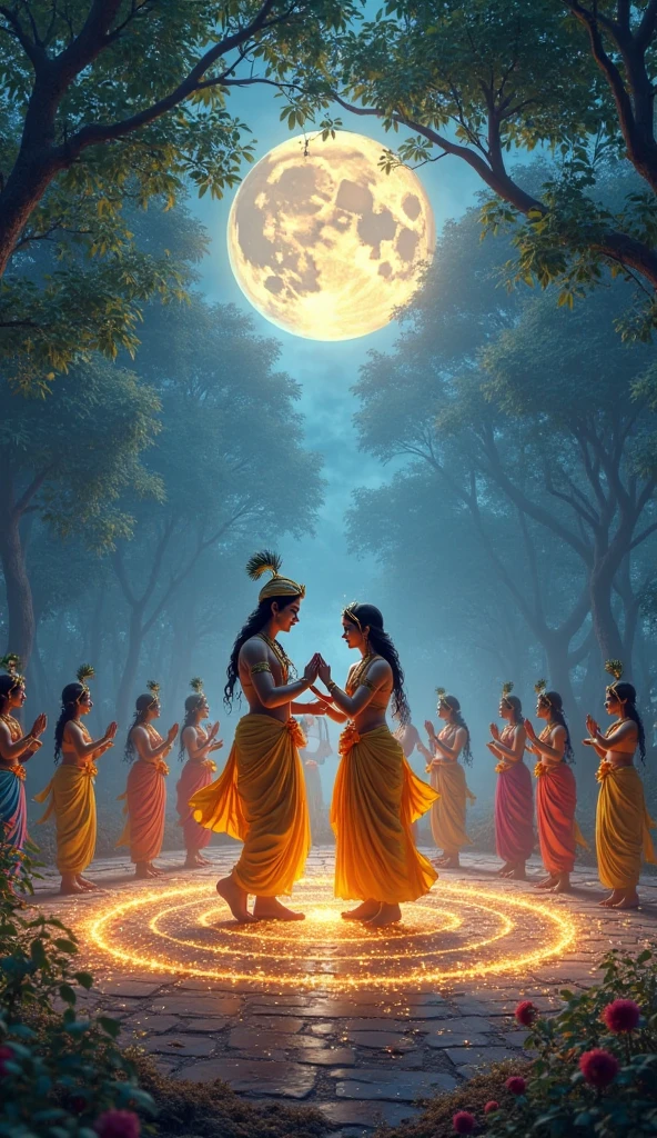 Krishna and the Gopis in Rasleela: Illustrate the famous Rasleela, where Krishna is surrounded by the Gopis (village girls), dancing in a circular formation under the moonlight. Each Gopi feels as if Krishna is dancing only with her. The scene should be magical, with the moon shining brightly, casting a soft glow on the dancers, and the surroundings filled with flowers and greenery. Krishna's charm and the Gopis' love should be evident.