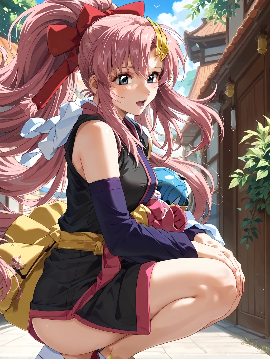 Sakura from Naruto with big and thighs exposed with short pink hair tied behind her back and green eyes ,wearing modern outfit which makes her look sexy ande exposed her large cleavage