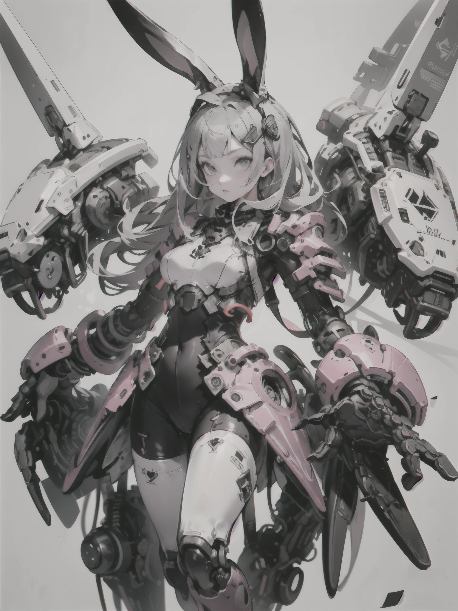 rabbit ear, mechanic, mechanical body,, ultra detail, masterpiece, Highest Quality, esthetic, detail,, serious, 1girl, (White Eye:1.1), ( GREY EYES :1.3), gray hair, Very Long Hair, Part-hair, split bangs, smaller breasts,, Valkyrie, (bodysuit:1.1), pink feather hair ornament, grey Armored skirt, black bodysuit, Armor, gauntlet over prostituti, Pink breastplate, greaves, Armored dress, pink,