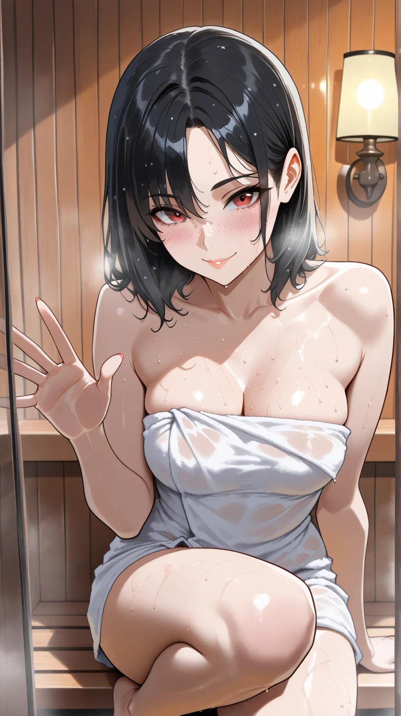 、(masterpiece、Highest quality)、Highest quality, Ultra-high resolution, (((masterpiece))), alone, Sweat、Big eyes, Composition from the front、Shortcuts、Embarrassed face、Bronze colored hair、Cut the back hair short、Bathroom、Shower scene、 Expose、Completely naked、pubic hair、belly button、Large areola、Nipples、short hair