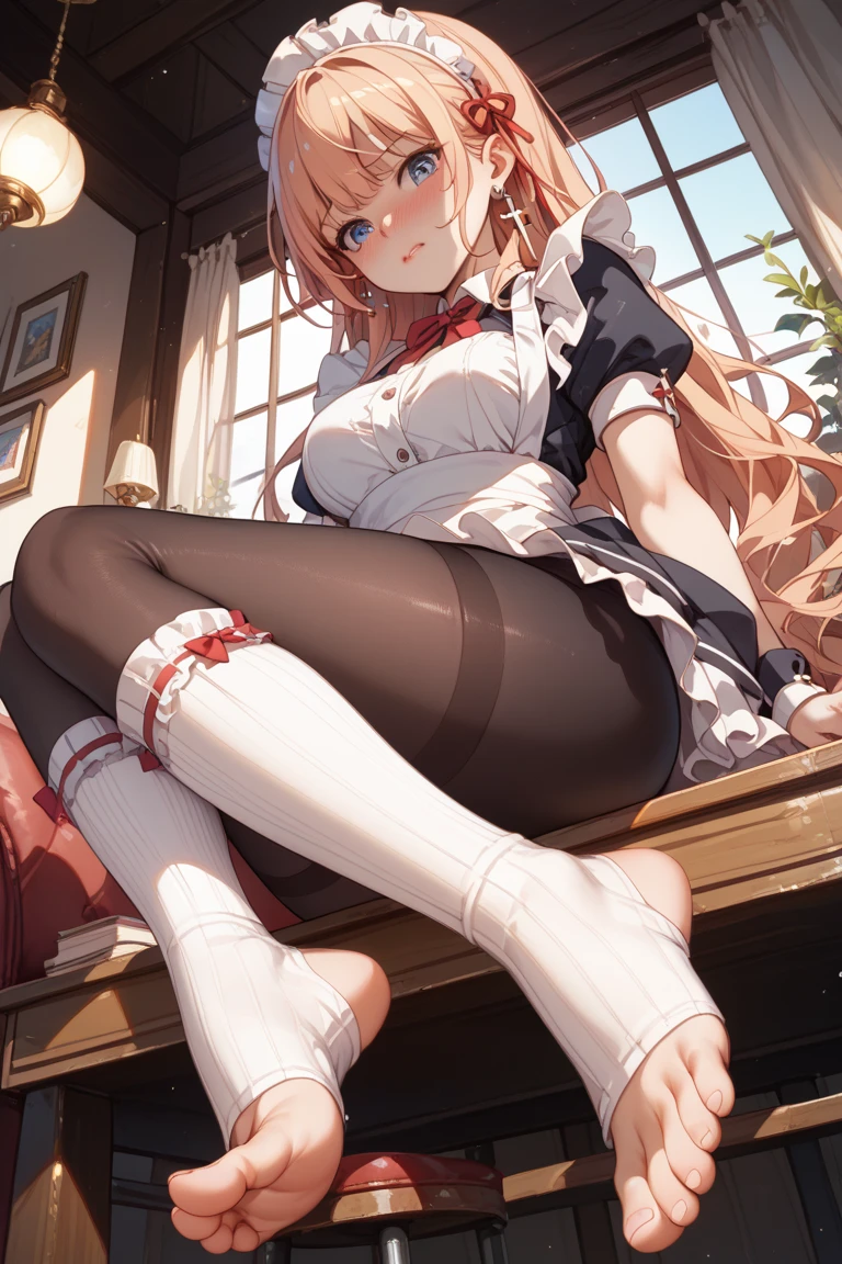 {{masterpiece}},illustration,best quality,extremely detailed CG unity 8k wallpaper,1girl_solo, full_body, from_below, looking_at_viewer, looking_down,((white pantyhose: 1.5)), (no shoes:1.3),chair,twintail,red hair,braided bangs,Sexy and charming panties,revealing dress,window,(Close-up of the foot),hair_ribbon,strong rim light,花,cameltoe,