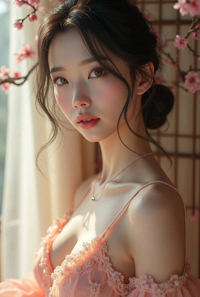 (masterpiece,Highest quality:1.4),(8k,RAW Photos,Photorealistic:1.4),Ultra-high resolution, ,(Glowing Skin:1.4),Detailed肌,Detailed顔,Detailed目,(Beautiful and shining eyes:1.2),Symmetrical eyes,Detailed耳,One person,Natural Makeup,(((Idol))),,Detailed背景,Vivid background,Beautiful and shiny hair,,((Average teenage breasts)),,(Detailed Sexy Kimono,Realistic beautiful teen,Sexy Neon,mysterious,whole body),,((Sharp Face)),Natural light,,(Very detailed ,,online shopping,LUMINE® Market,),Cleavage,Wisteria flower background,Professional,(Detailed,Location was great.),