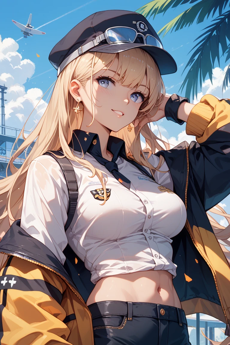 (masterpiece), (high quality), female Naruto Uzumaki, white top tied under breasts, big breasts, sexy pose, mischievous smile, soft lightning, blonde twintails, short skirt, lift skirt, precise hands