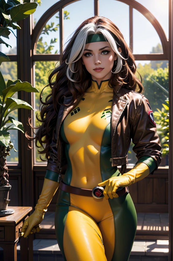 Evangeline Lilly、masterpiece, High-quality 4K, Villain (X-Men), Gothic Girl, Sculpted body gothic makeup, Brown jacket, Yellow and green bodysuit, masterpiece, highest quality, Cowboy Shot, One girl, alone, Technology Military Bodysuit, fringe.
