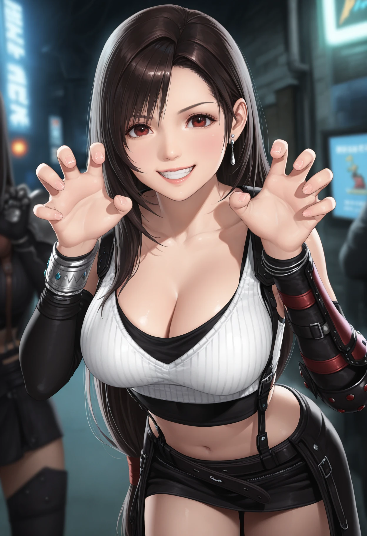masterpiece, best quality, defTifa, (huge breasts), (huge cleavage), white crop top, elbow pad, fingerless gloves, suspenders, pencil skirt, upper body, looking at viewer, leaning forward, smile, bar, city at night