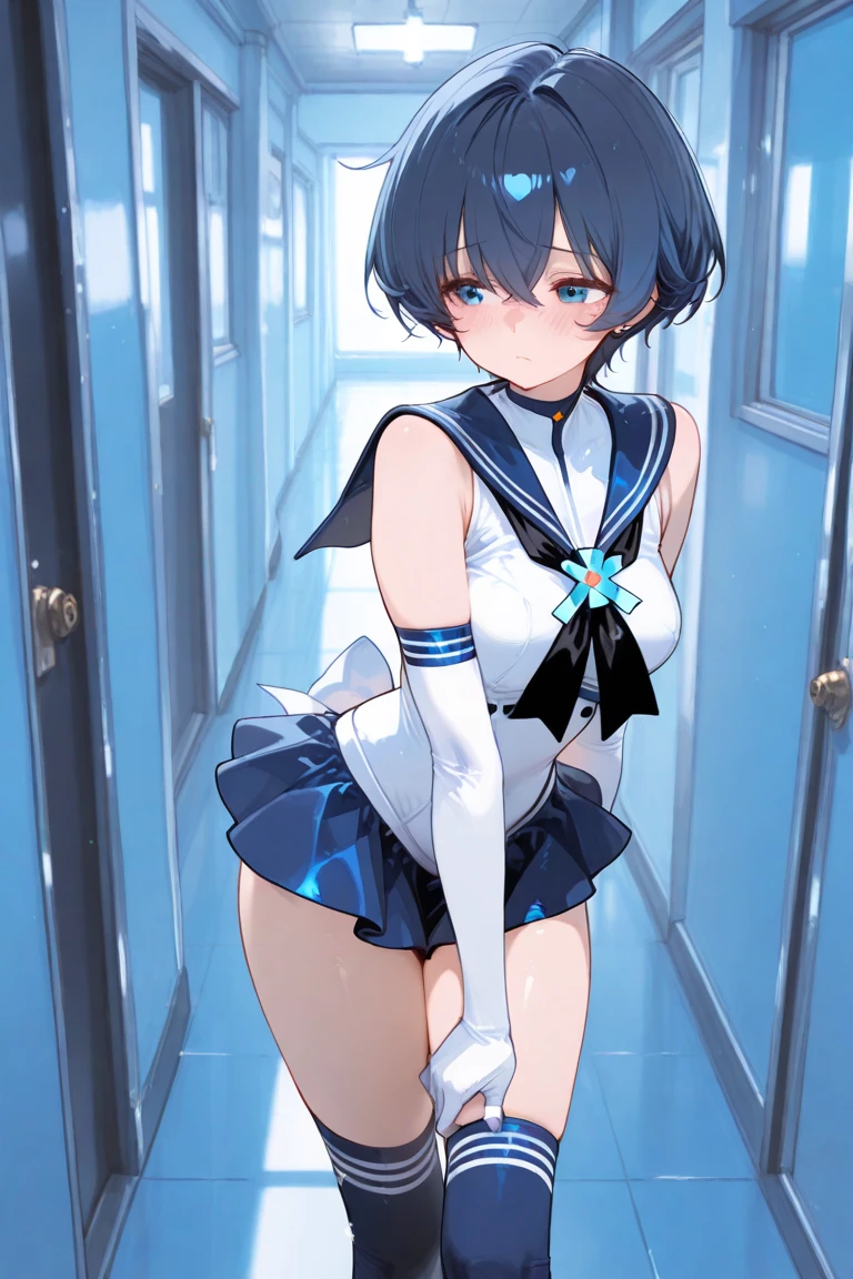 (masutepiece), (Best Quality), Realistic, Cinematic Light, Mizuno Friend, Sailor Mercury, to stand, Battlefield Background, Perfect body, Blue hair, uniform