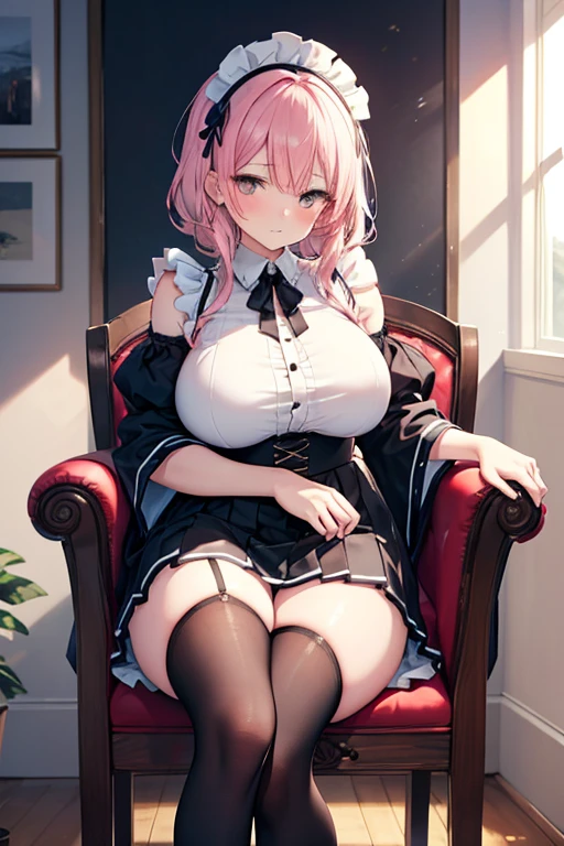 sexy anime girl, cute face, big bust, redpink hair, spacebun hair, purple eyes, corset top, pantyhose, showing middle finger, middle finger, smug face, showing soles, showing feet, perspective from below, pov below, sitting on chair