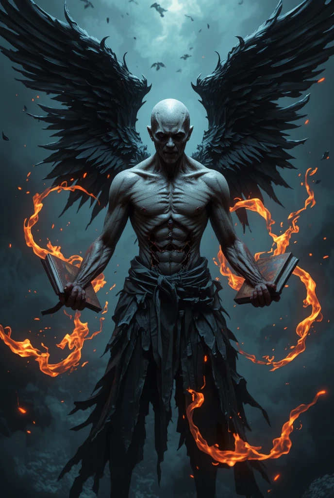 An epic bald angel half angel half demon with blacksmith hammer with tattoos of the letters MAZ VG on his clothes VG with fire on his right hand and white light on his left hand on his knees with red eyes raining down 