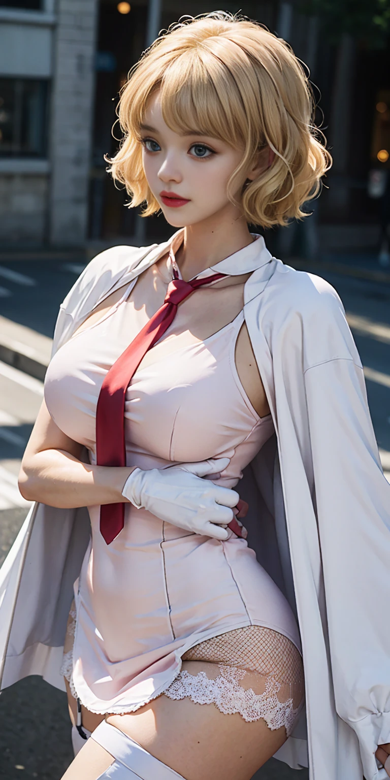 1girl, (white shirt mini dress:1.2), (short wavy bob blonde hair), flat bangs, white long cape, (long pink necktie), white fishnet thigh high, garter belt, (ruffle-trimmed skirt), white glove, full gigantic breasts, detailed face,
