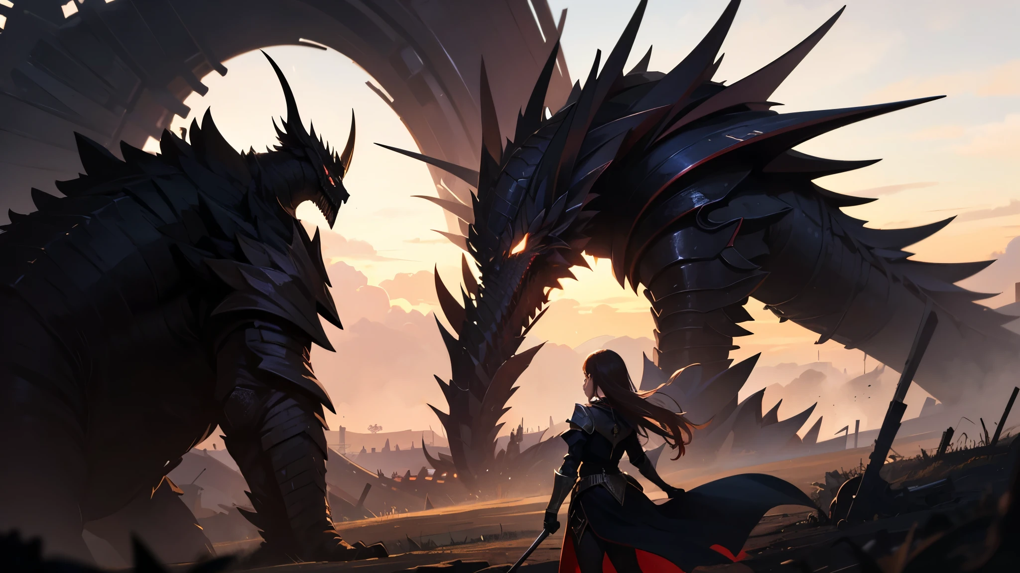 Seen from a distance, a beautiful girl with full armor and sword and shield, facing and fighting a monstrous dragon, fire breath, epic details,