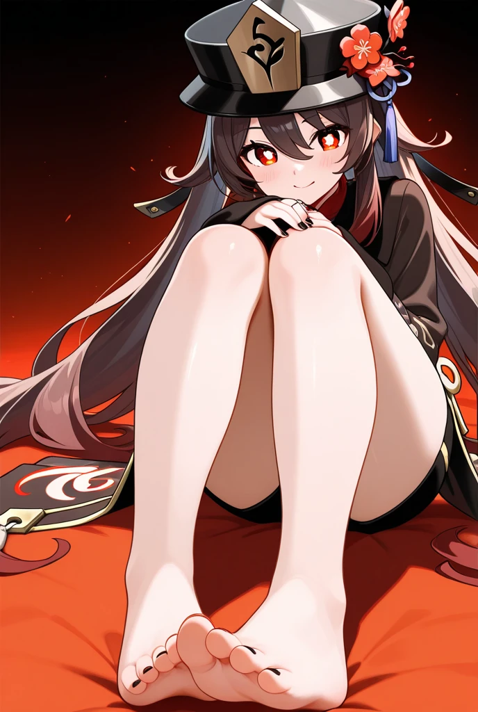 score_9,score_8_superior,score_7_superior,One girl,alone,Red eyes,Black Hair,Long Hair,View your viewers,smile,Fur trim,Hair Bun,Bare shoulders,hair ornaments,bangs,Off the shoulder,Double Bang,Mouth closed,Jacket,Twin tails,No sleeve,hand superior,Blurred,Side Lock,black Jacket,Long sleeve,From below,Low - Angle,地superiorレベル,Feet Focus,Good legs,