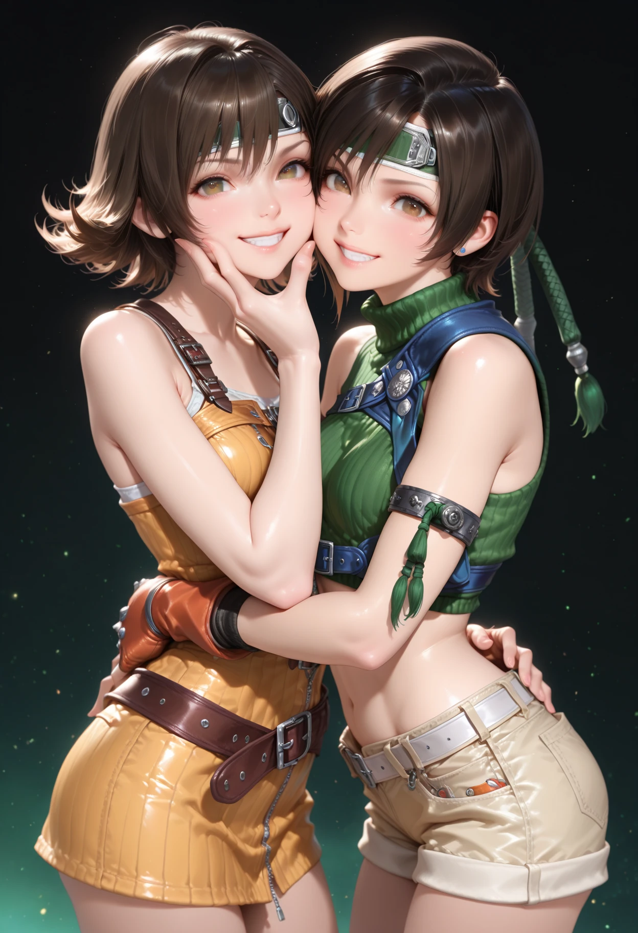 Create a character with brown hair, smooth, falling to her waist, smaller breasts