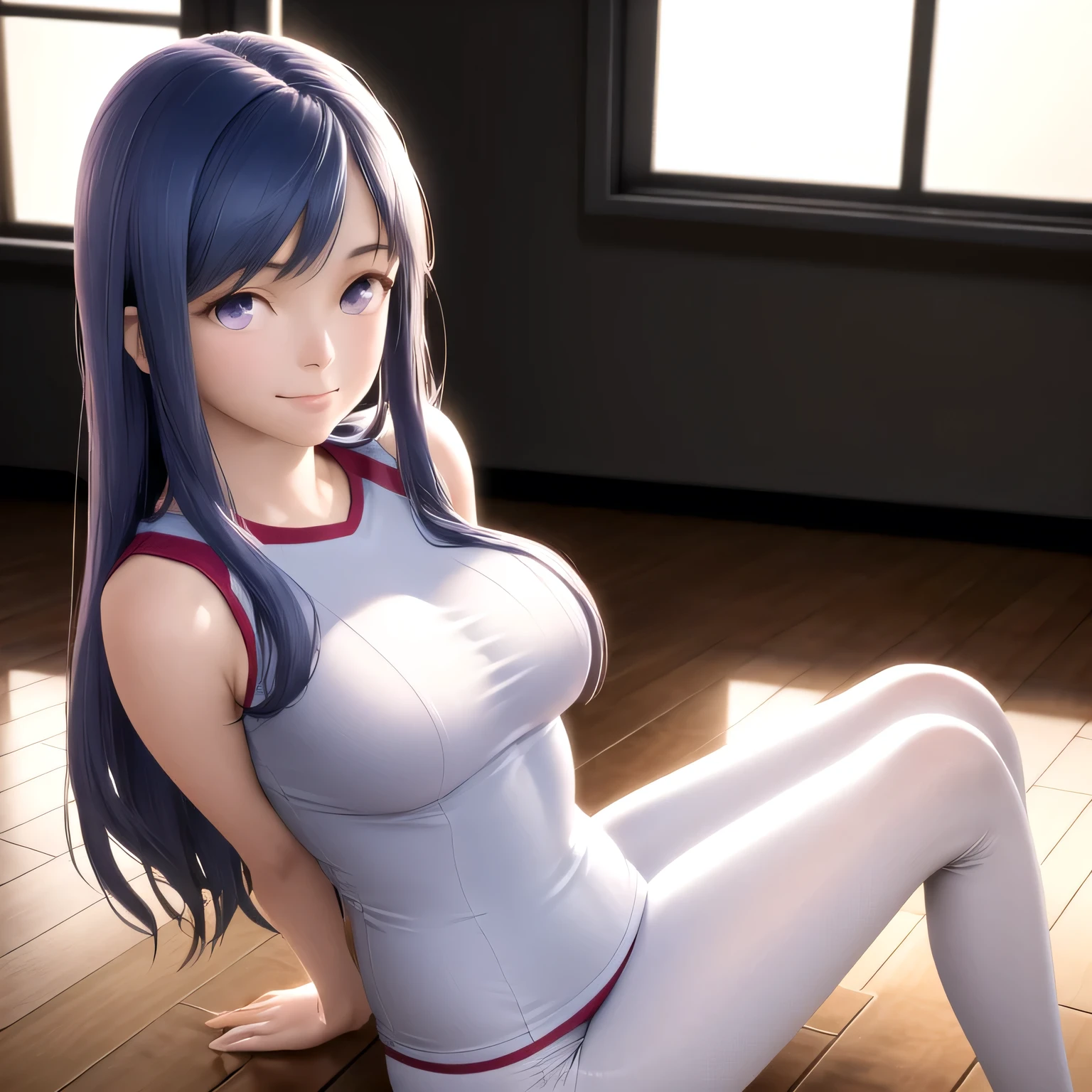 A young person sits on the polished wooden floor of a brightly lit gymnasium, knees drawn to their chest with arms wrapped around their legs. White panties are visible. Soft light from tall windows reflects off the glossy floor, creating gentle patterns. Their relaxed posture suggests quiet contemplation as they gaze at the open space ahead. The gym walls, marked with faded sports lines and scattered equipment, frame the serene atmosphere.A 20-year-old woman smiles gently, friendly. (RAW photos, top quality), (realistic, photo-realistic:1.4), masterpiece, extremely delicate and beautiful, highly detailed, 2k wallpaper, ultra-detailed CG unity 8k wallpaper, ultra detail, high res, soft light, beautifully detailed girl looking back, extremely detailed eyes and face, beautifully detailed nose, cinematic lighting, perfect anatomy, slender body. Long hair, blue hair, purple eyes.